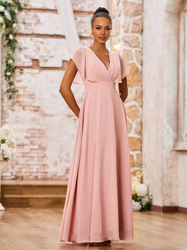 A-Line V-Neck Chiffon Floor-Length Wedding Dress - Chloe Dress