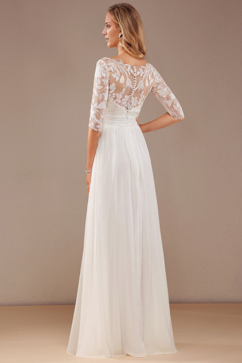 A-Line V-Neck Chiffon Three-Quarter Sleeve Ruffled Wedding Dress - Chloe Dress