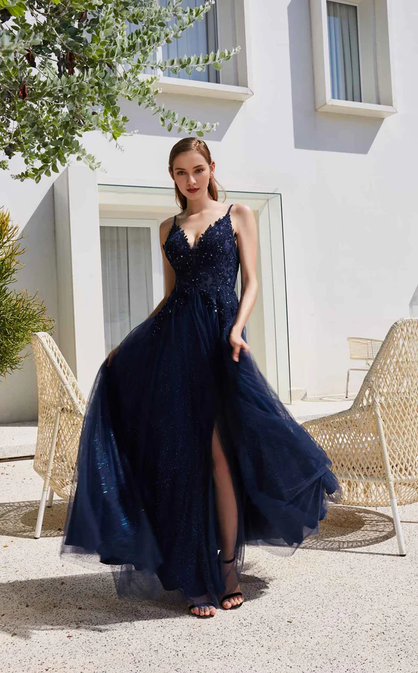 A-Line V-Neck Sleeveless Lace-Up Back High Slit Floor-Length Evening Gown - Chloe Dress