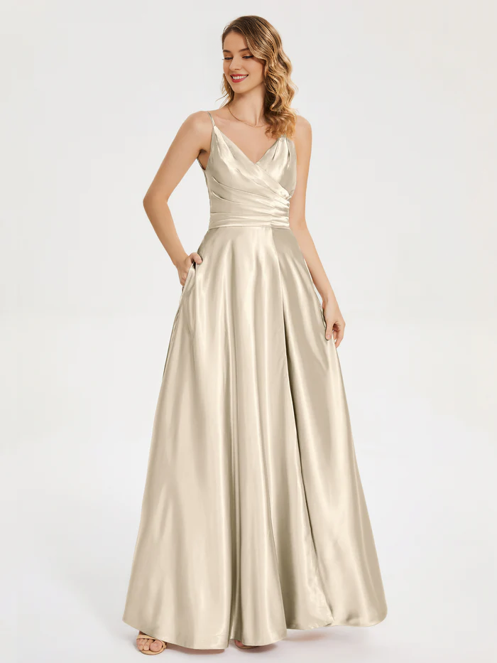 V-Neck Satin High Slit Wedding Dress - Chloe Dress