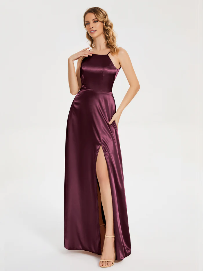 Satin Backless High Slit Floor-Length Wedding Dress - Chloe Dress