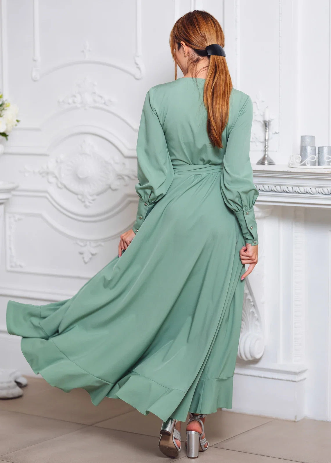 V-Neck Chiffon Long Sleeve Ruffled Prom Dress - Chloe Dress