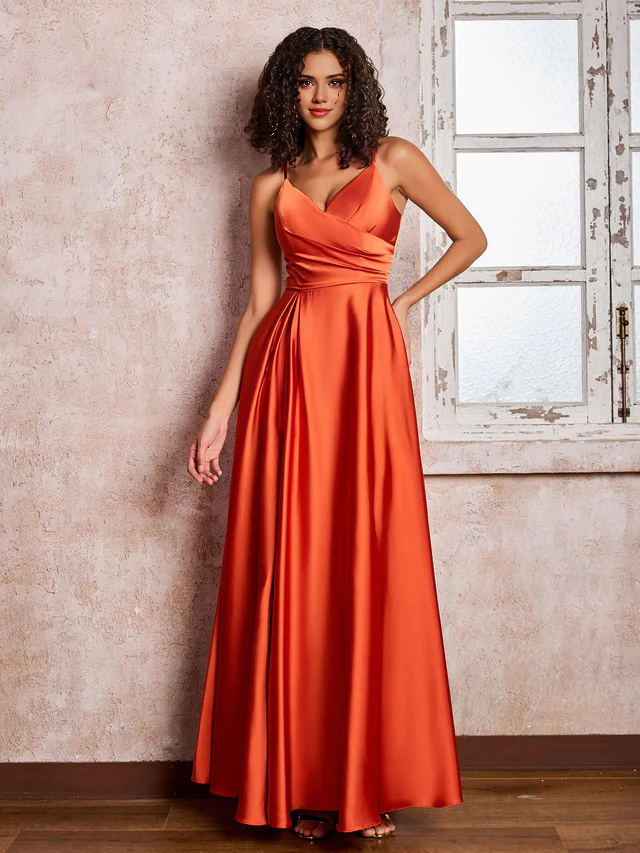 A-Line V-Neck Satin High Slit Floor-Length Wedding Dress - Chloe Dress
