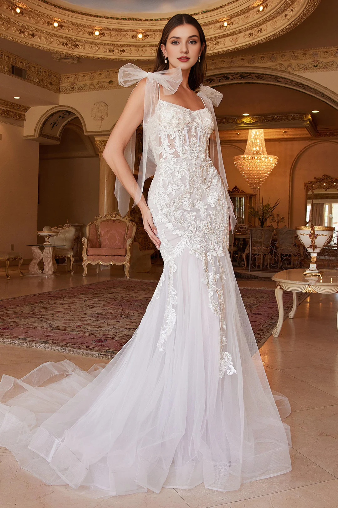 White Lace Long Sleeve Applique Wedding Dress - Chloe Dress