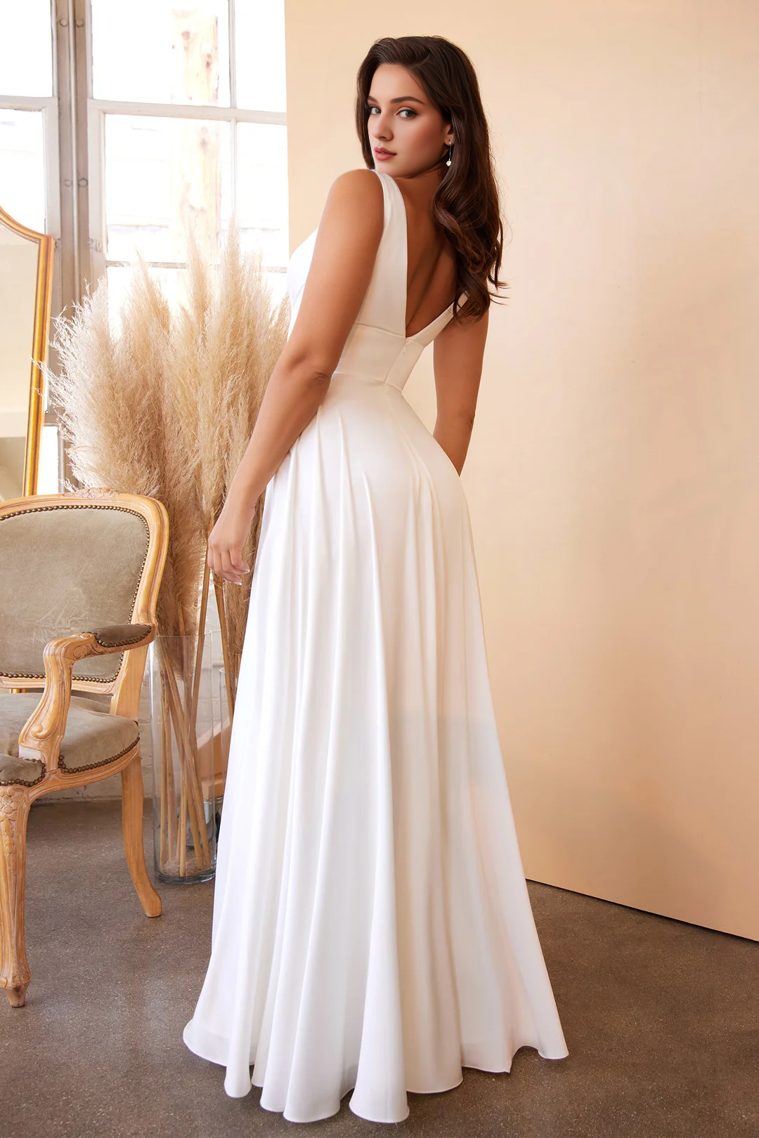 White V-Neck Satin Long Sleeve Wedding Dress - Chloe Dress