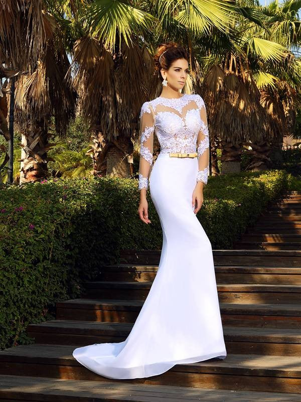 Sheath Chiffon Long Sleeve Applique Wedding Dress - Chloe Dress