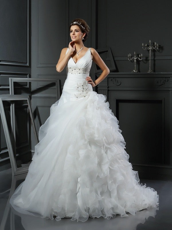 Ball Gown V-Neck Organza Sleeveless Ruffled Wedding Gown - Chloe Dress