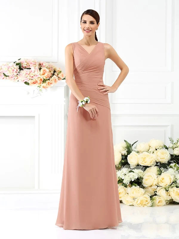 Dusty Rose Sleeveless V‑Neck Ruched Long Chiffon Bridesmaid Dresses