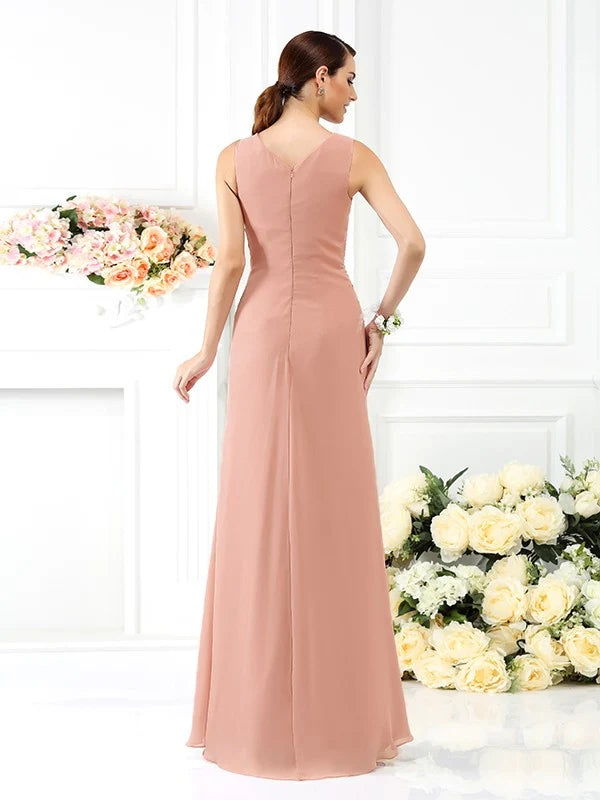 Dusty Rose Sleeveless V‑Neck Ruched Long Chiffon Bridesmaid Dresses