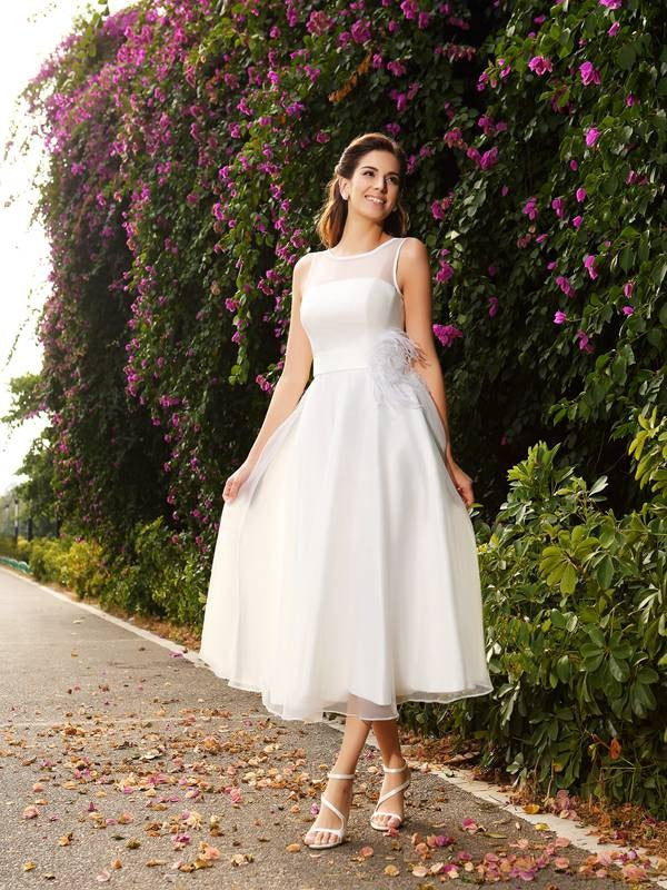 A-Line Satin Sleeveless Tea-Length Wedding Dress - Chloe Dress