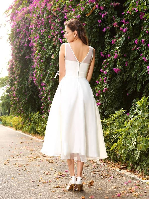 A-Line Satin Sleeveless Tea-Length Wedding Dress - Chloe Dress