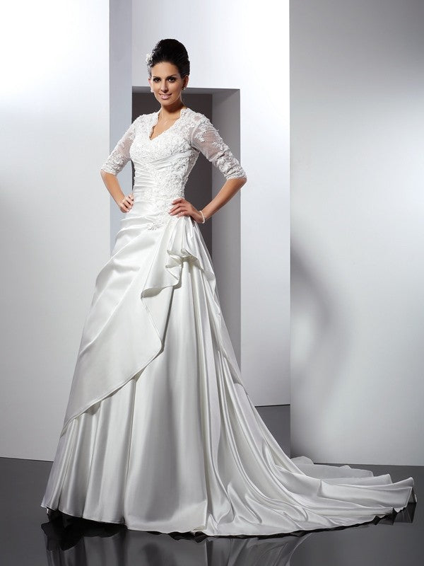 A-Line V-Neck Satin Applique Wedding Dress - Chloe Dress