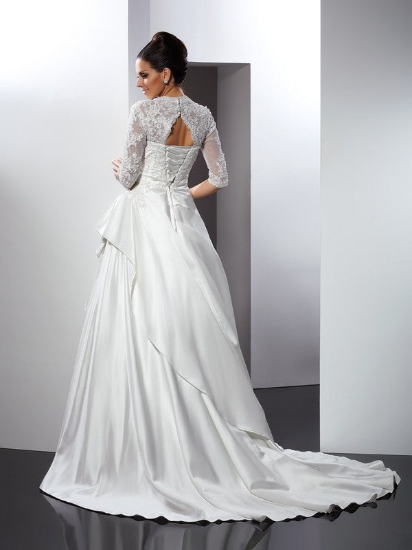 A-Line V-Neck Satin Applique Wedding Dress - Chloe Dress