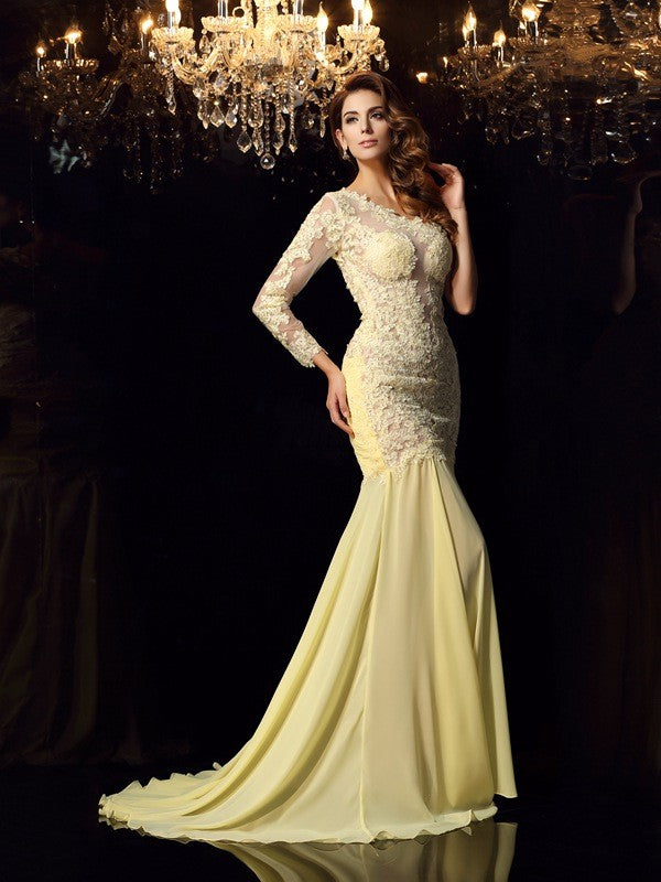 Mermaid One-Shoulder Chiffon Long Sleeve Applique Dress - Chloe Dress