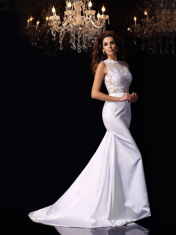 Mermaid High Neck Satin Sleeveless Applique Wedding Dress - Chloe Dress