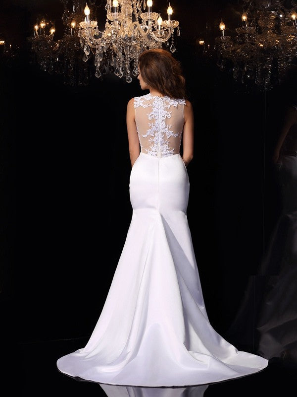 Mermaid High Neck Satin Sleeveless Applique Wedding Dress - Chloe Dress