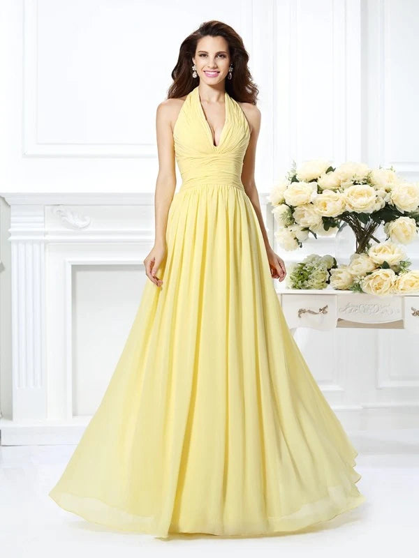 Yellow Halter V‑Neck Ruched Chiffon A‑Line Bridesmaid Dresses