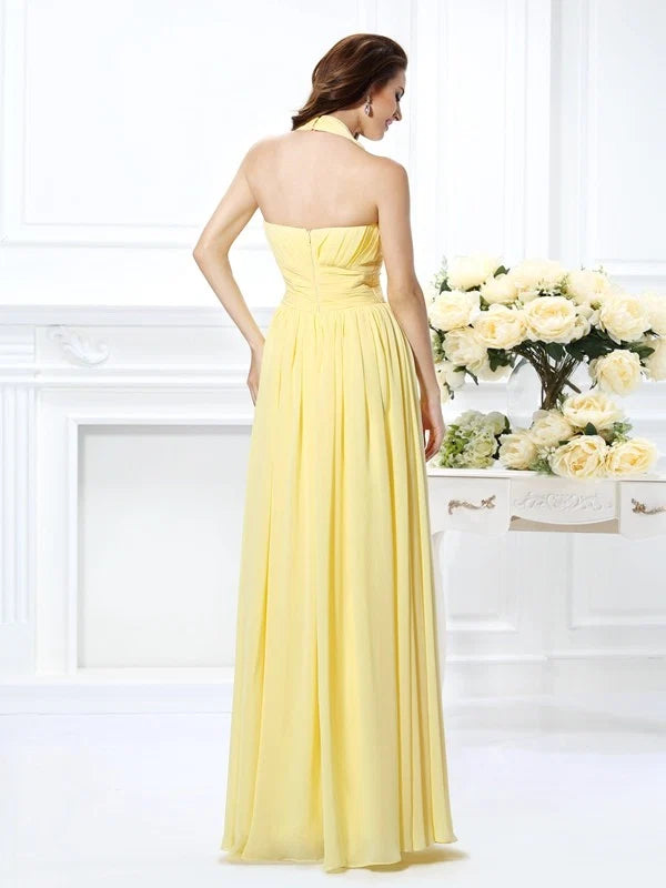Yellow Halter V‑Neck Ruched Chiffon A‑Line Bridesmaid Dresses