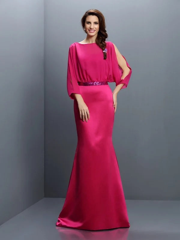 Fuchsia Cold Shoulder Chiffon Satin Mermaid Long Bridesmaid Dresses
