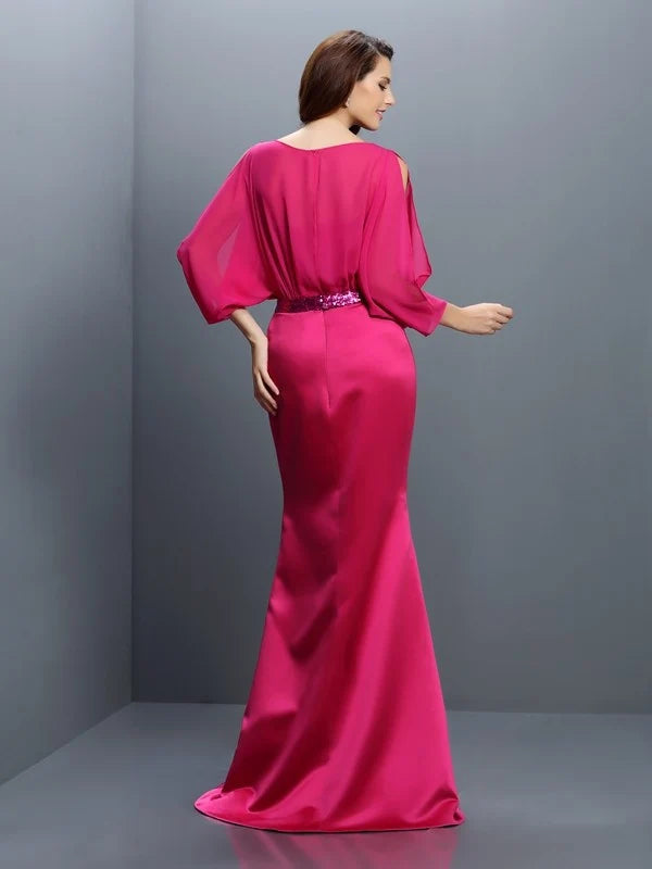 Fuchsia Cold Shoulder Chiffon Satin Mermaid Long Bridesmaid Dresses