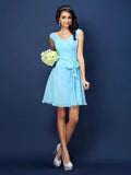 Sky Blue Cap Sleeve V‑Neck Bow Sash Knee‑Length Chiffon Bridesmaid Dresses