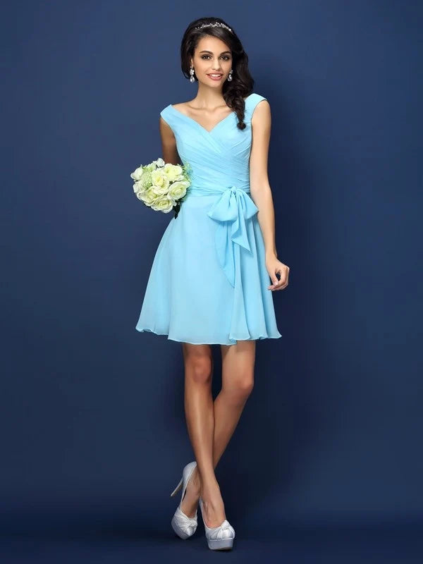 Sky Blue Cap Sleeve V‑Neck Bow Sash Knee‑Length Chiffon Bridesmaid Dresses