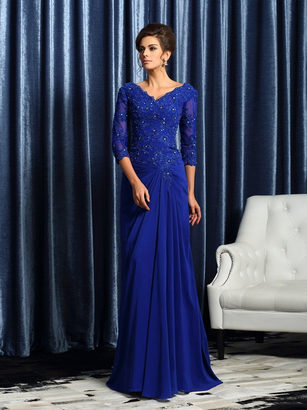 A-Line V-Neck Chiffon Three-Quarter Sleeve Applique Dress - Chloe Dress