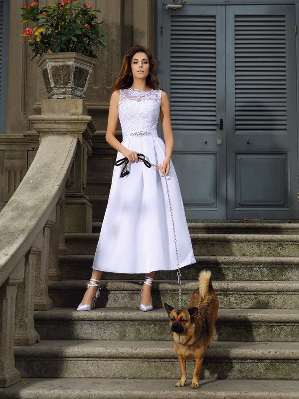 A-Line Satin Sleeveless Applique Tea-Length Wedding Dress - Chloe Dress