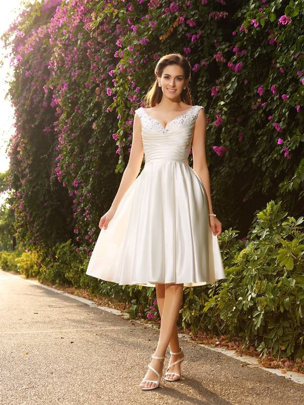 A-Line V-Neck Satin Sleeveless Mini Wedding Dress - Chloe Dress