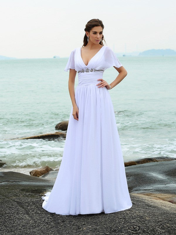 A-Line V-Neck Chiffon Short Sleeve Ruffled Mini Wedding Dress - Chloe Dress