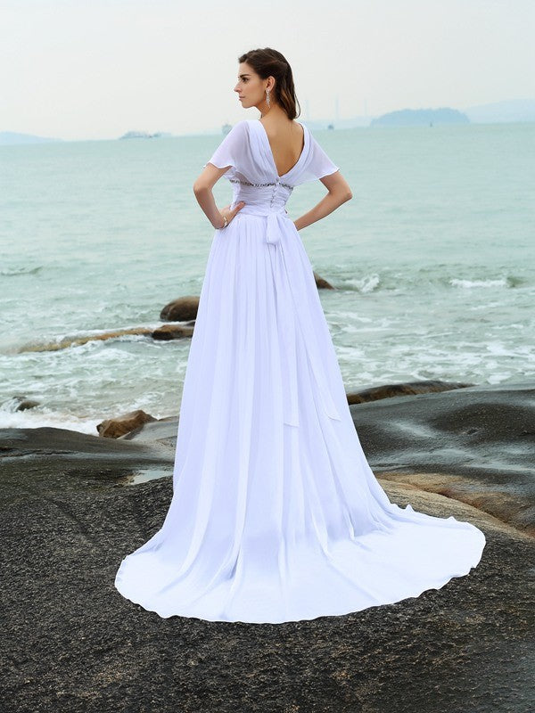 A-Line V-Neck Chiffon Short Sleeve Ruffled Mini Wedding Dress - Chloe Dress