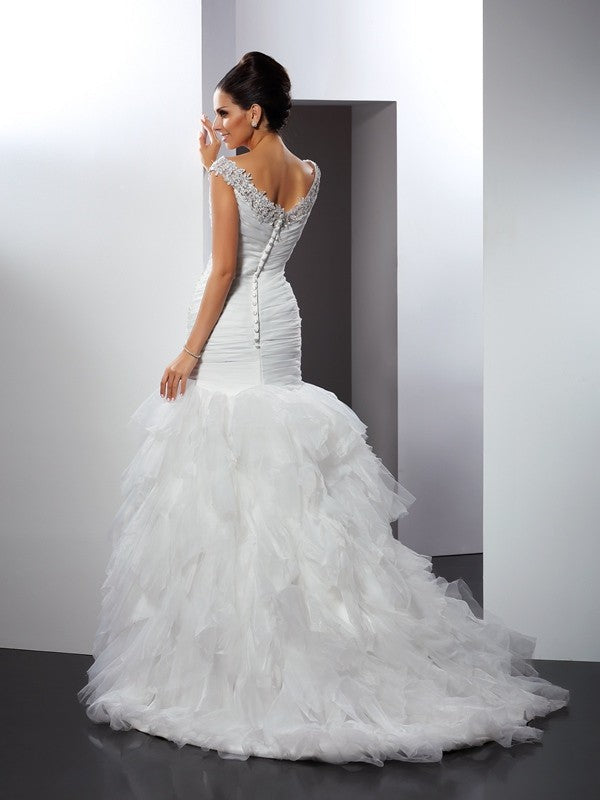 Mermaid V-Neck Tulle Sleeveless Applique Wedding Dress - Chloe Dress