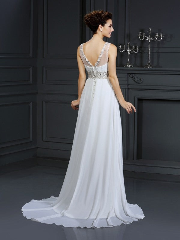 A-Line Chiffon Sleeveless Ruffled Tea-Length Wedding Dress - Chloe Dress
