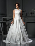 A-Line High Neck Satin Sleeveless Applique Wedding Dress - Chloe Dress