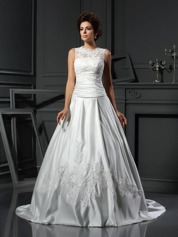 A-Line High Neck Satin Sleeveless Applique Wedding Dress - Chloe Dress