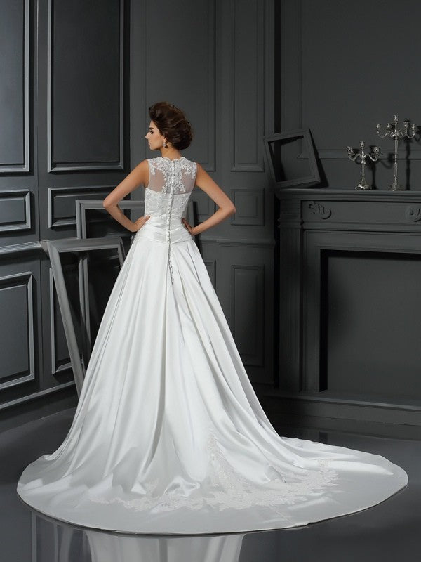 A-Line High Neck Satin Sleeveless Applique Wedding Dress - Chloe Dress