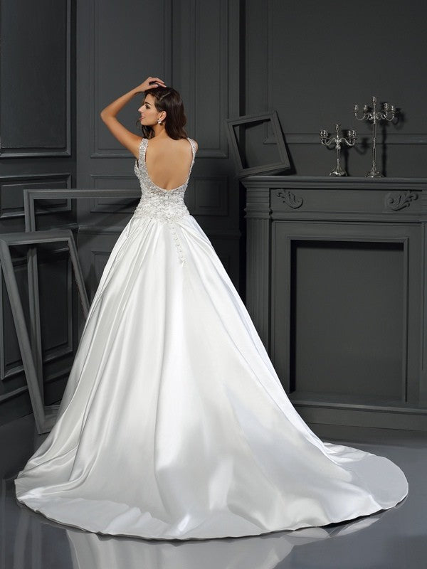 Ball Gown Satin Sleeveless Applique Wedding Gown - Chloe Dress