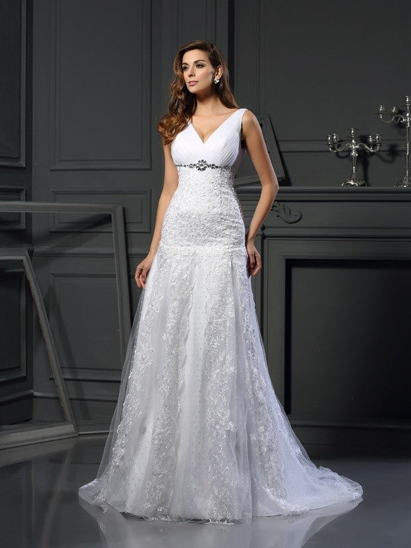 A-Line V-Neck Satin Sleeveless Wedding Dress - Chloe Dress