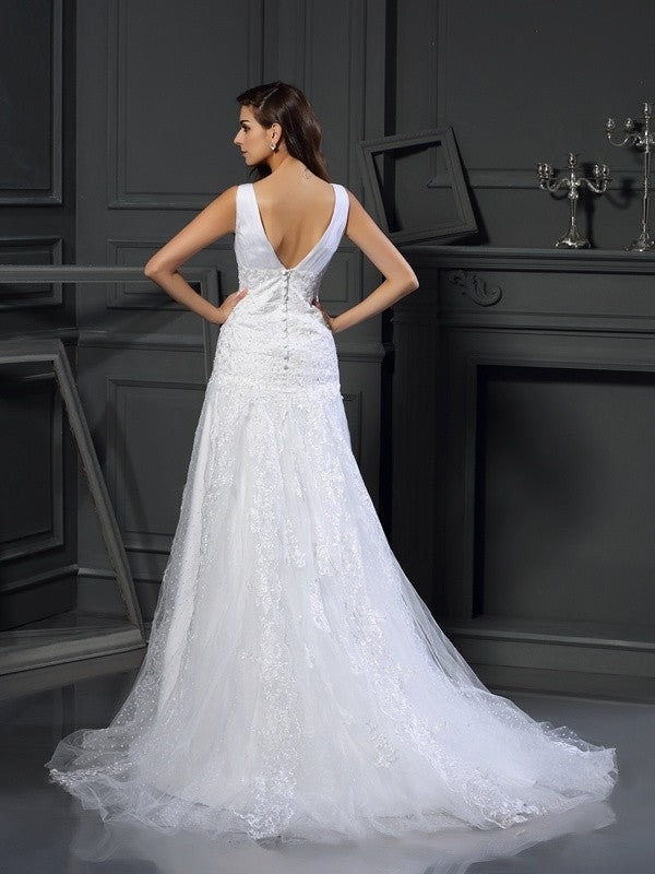 A-Line V-Neck Satin Sleeveless Wedding Dress - Chloe Dress