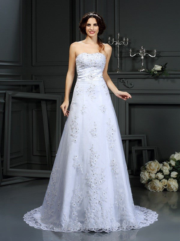 A-Line Strapless Satin Sleeveless Applique Wedding Dress - Chloe Dress