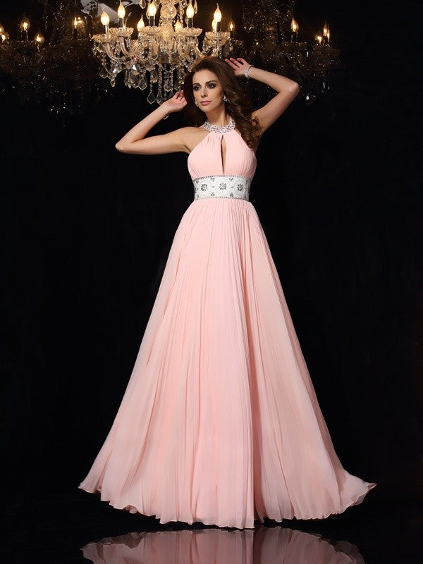 A-Line High Neck Chiffon Sleeveless Pleated Dress - Chloe Dress