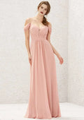 Dusty Pink Off‑Shoulder Chiffon Lace Back Long Bridesmaid Dresses