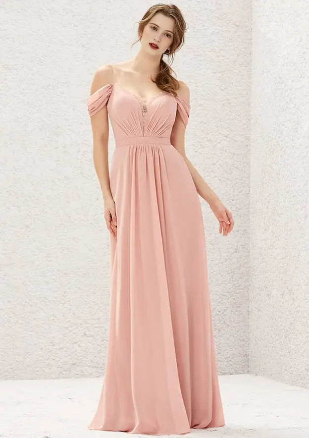 Dusty Pink Off‑Shoulder Chiffon Lace Back Long Bridesmaid Dresses