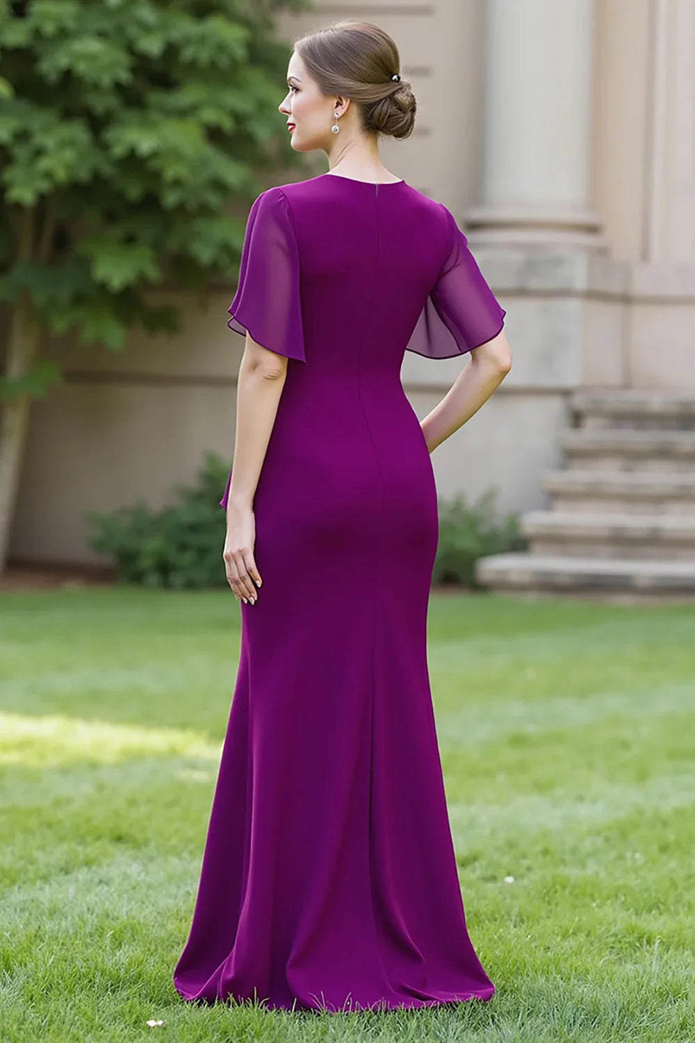 Purple Round Neck Flutter Sleeve Mermaid Mother of the Bride Dress