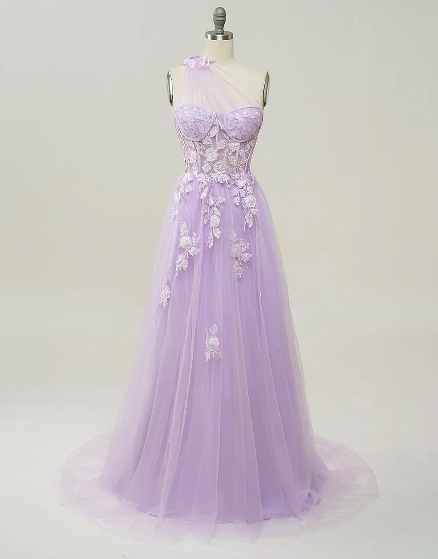 A-Line One-Shoulder Tulle Sleeveless Backless Pleated Prom Dress - Chloe Dress