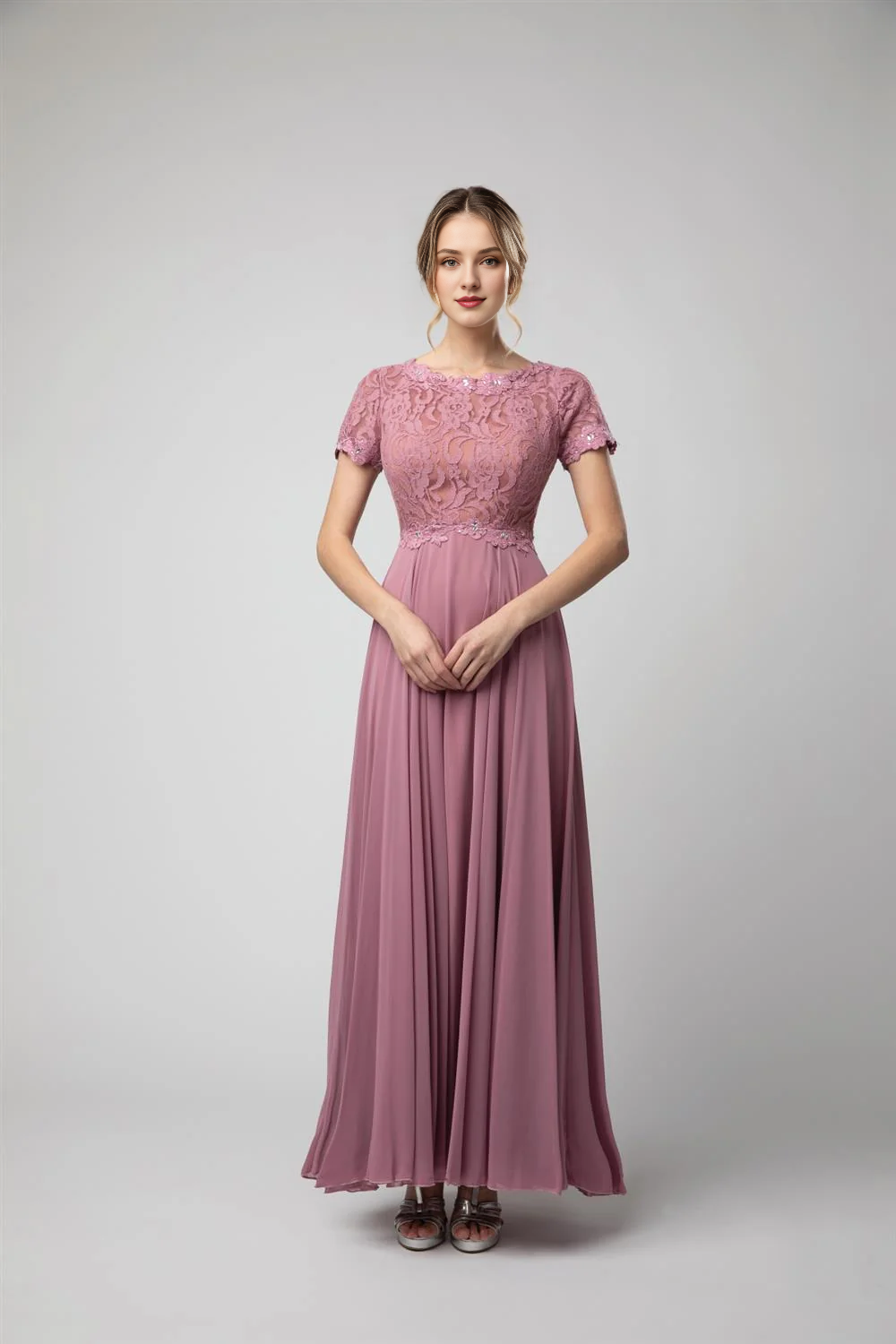 A-Line Chiffon Short Sleeve Lace-Up Back Mini Dress - Chloe Dress