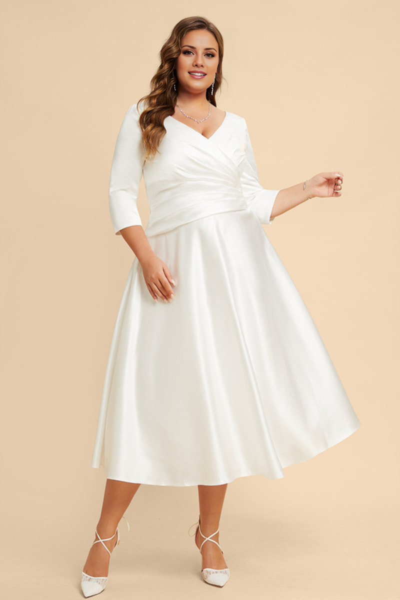 A-Line V-Neck Satin Three-Quarter Sleeve Tea-Length Wedding Dress - Chloe Dress