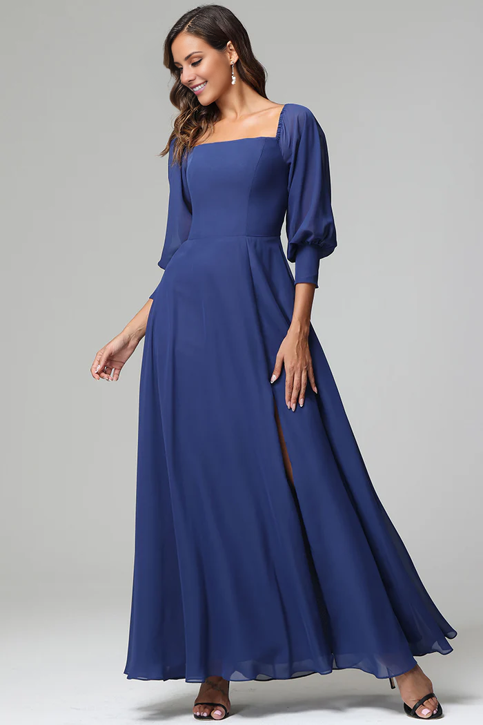Square Neck Chiffon Three-Quarter Sleeve High Slit Floor-Length Wedding Dress - Chloe Dress