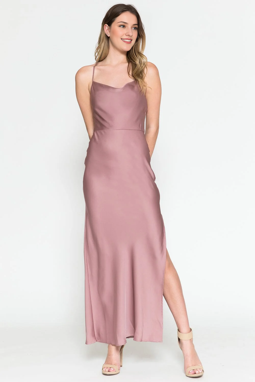 High Neck Satin Long Sleeve High Slit Dress - Chloe Dress