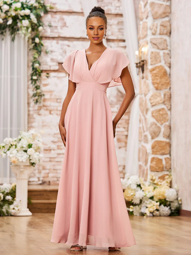 A-Line V-Neck Chiffon Floor-Length Wedding Dress - Chloe Dress